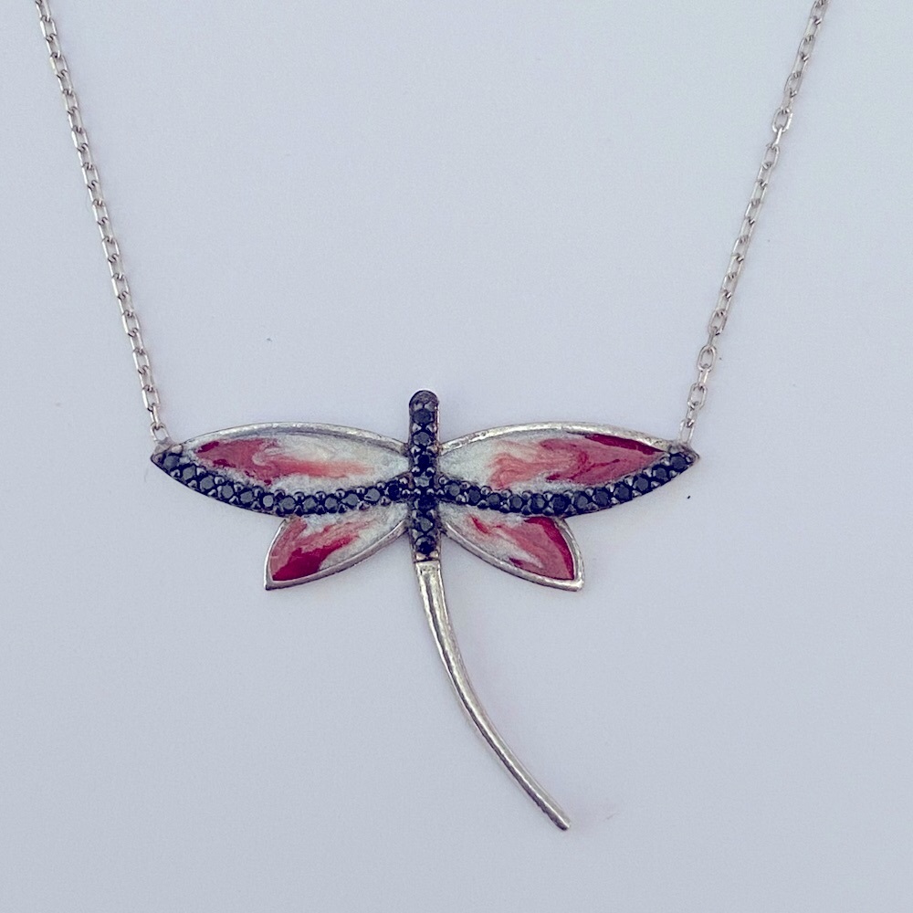 925 Silver handmade red dragonfly enamel necklace black cubic zirconia cz stones